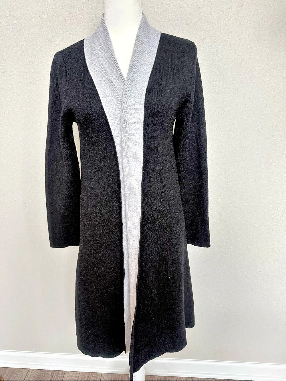 Maxsport Black Grey Contrast Trim Open Front Longline Knit Duster Cardigan S